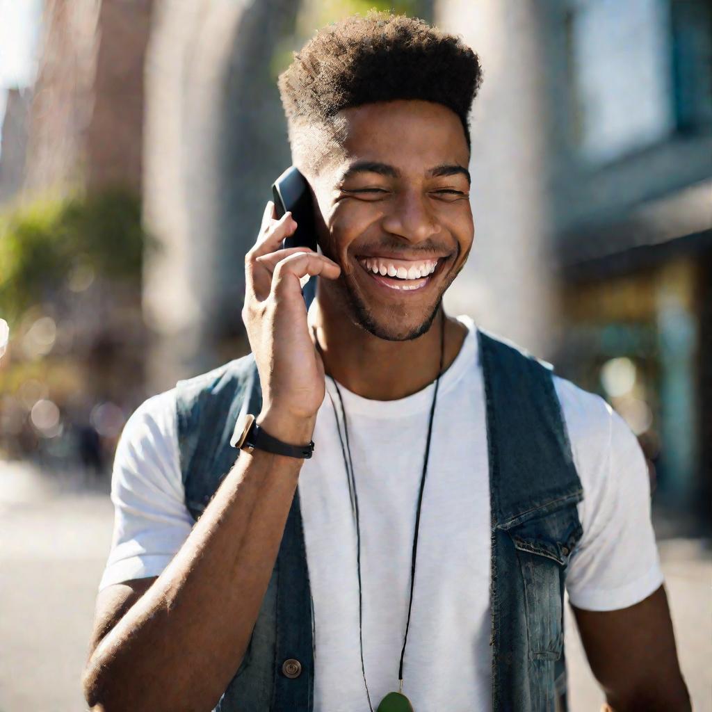 Молодой человек счастливо разговаривает по телефону, договариваясь о досрочном погашении кредита