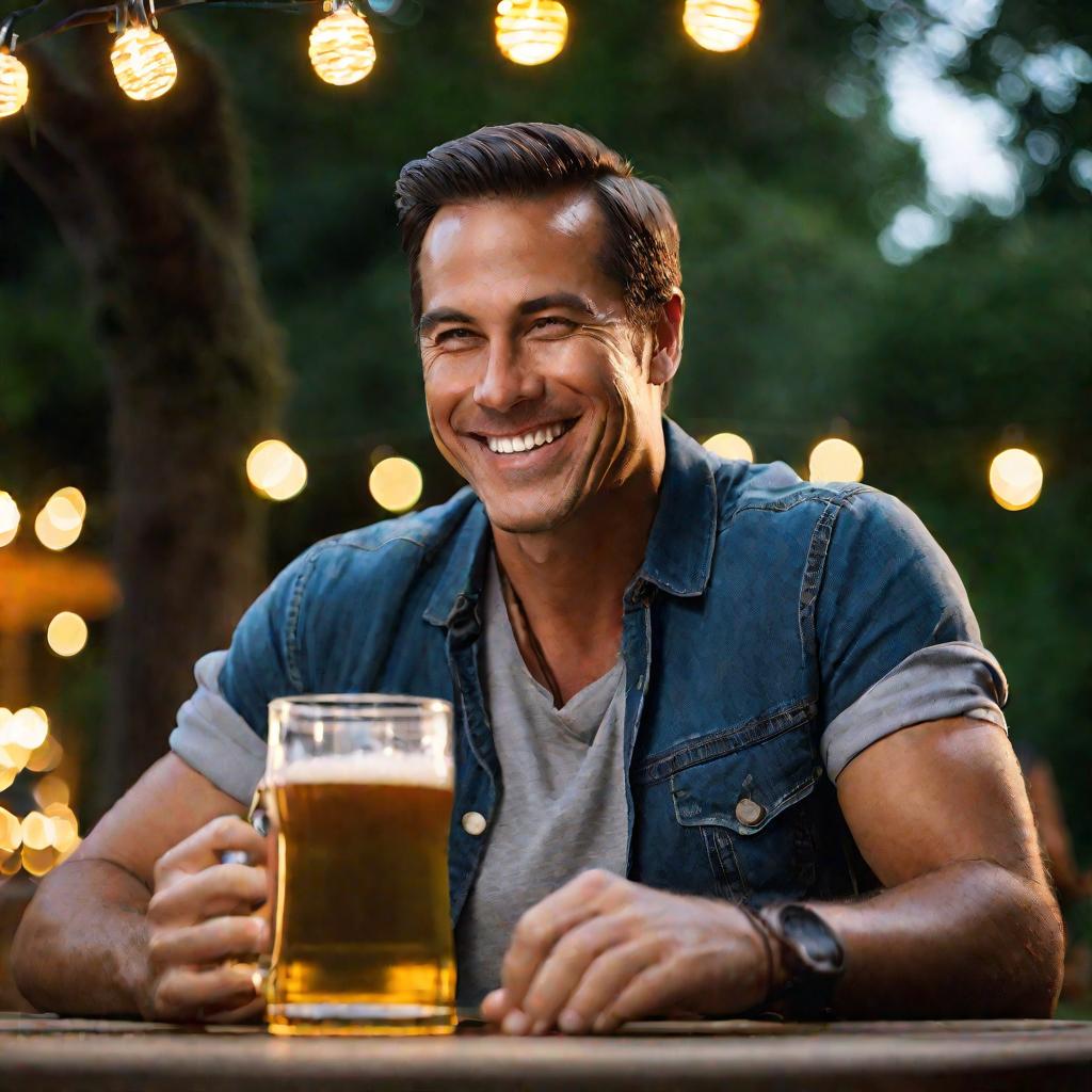 Мужчина пьет пиво в пивном саду.
