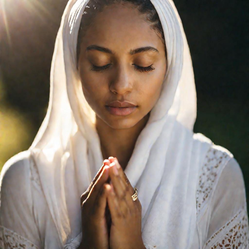 Молодая женщина молится с закрытыми глазами
