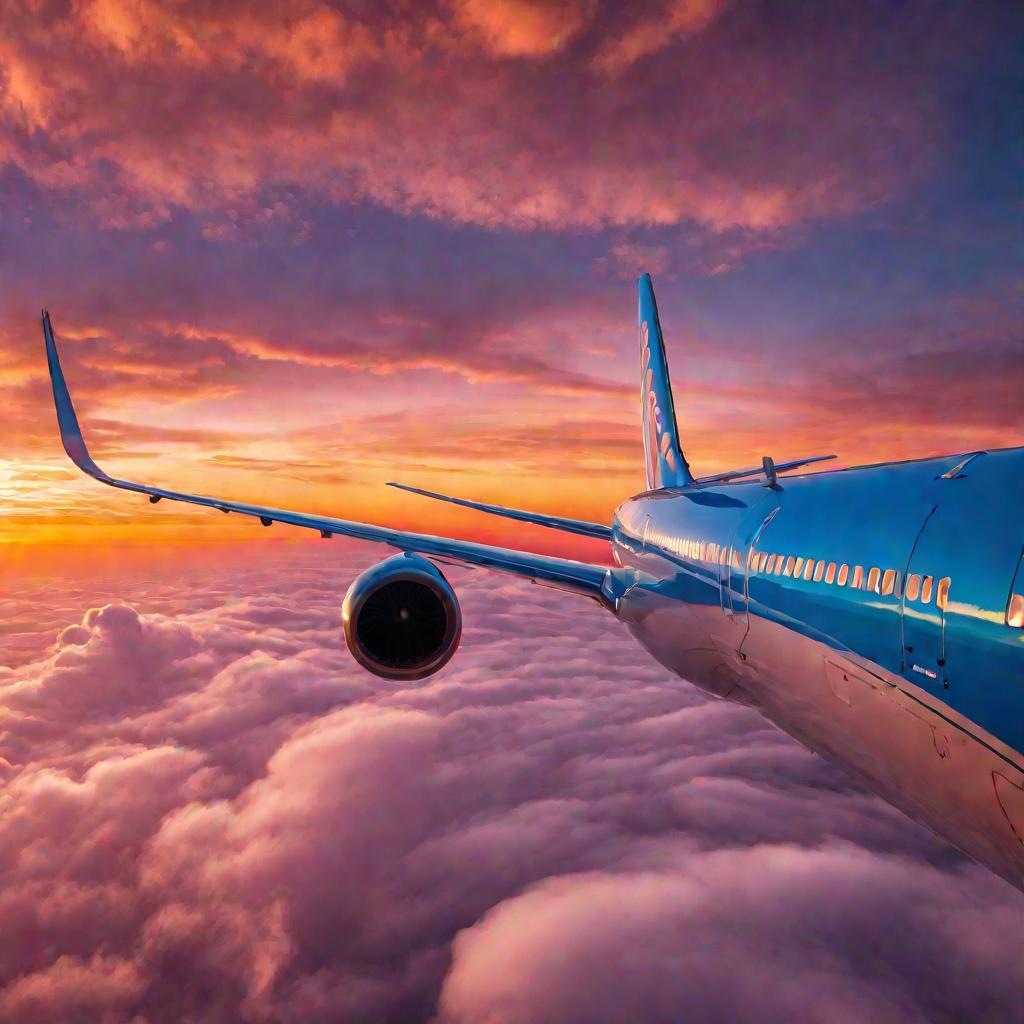 Самолет авиакомпании Победа в полете на фоне заката