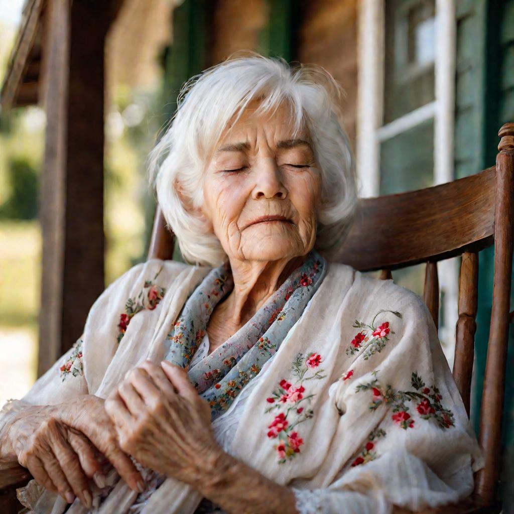 Портрет пожилой женщины в выцветшем цветочном платье на веранде дома