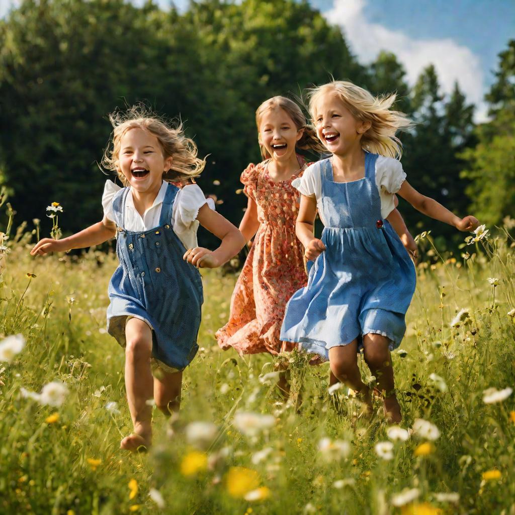 Дети бегут босиком по лугу в летний день