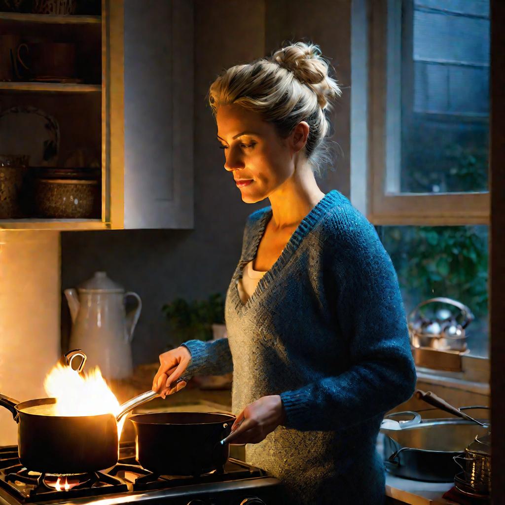 Женщина готовит ужин на газовой плите