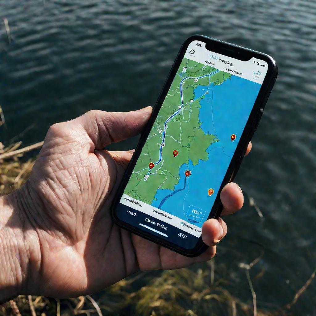 Близкий кадр смартфона рыбака с приложением со спутниковой картой озера.