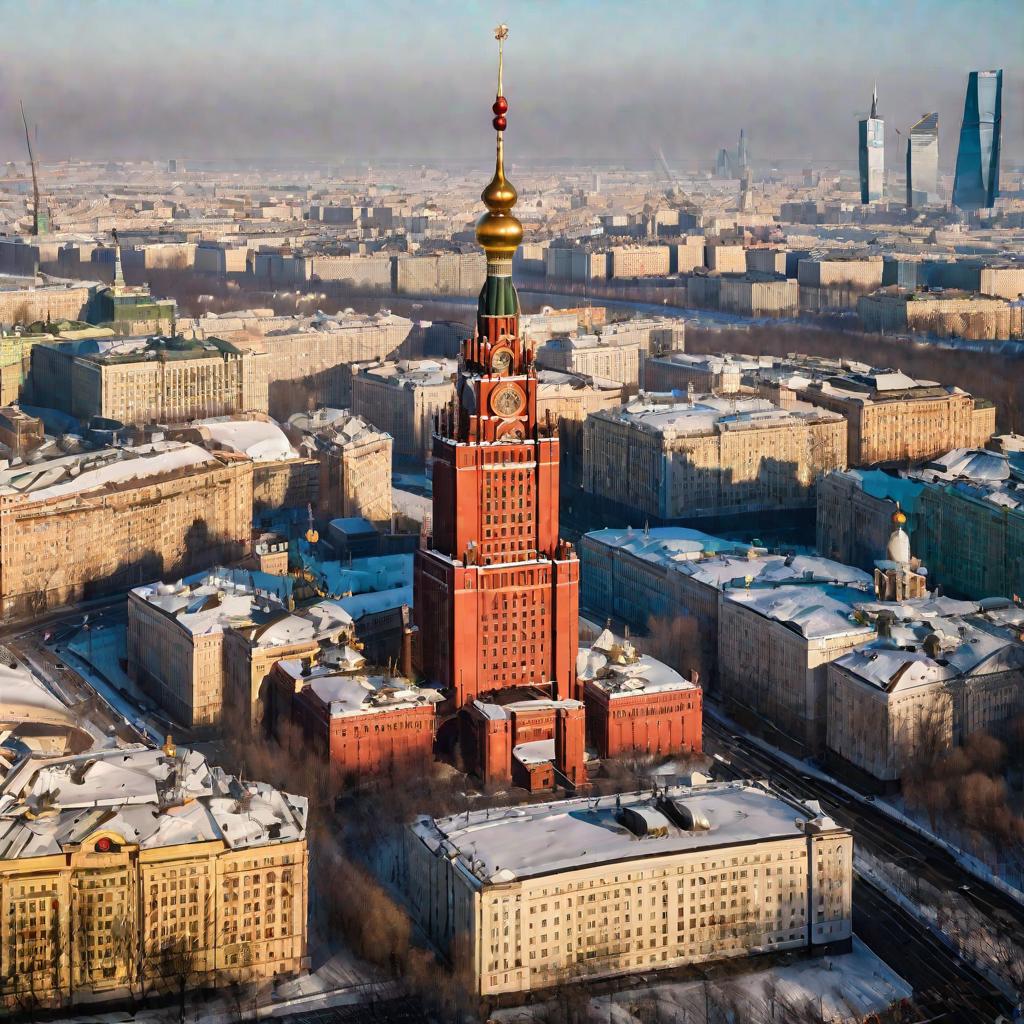 Зимний вид Москвы сверху с высотным зданием радио на переднем плане