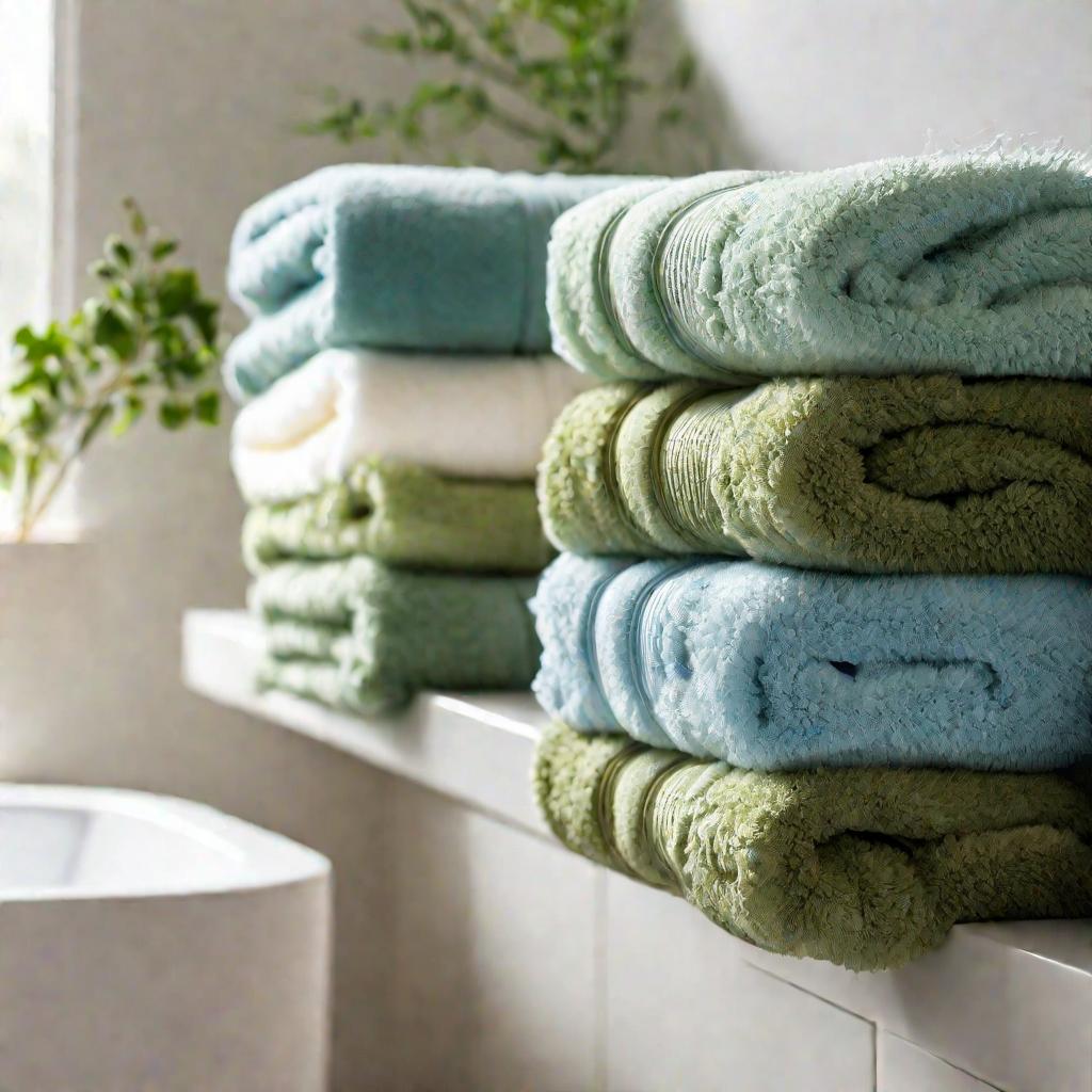 Полотенца голубого, зеленого и слоновой кости цвета на вешалке в ванной комнате.