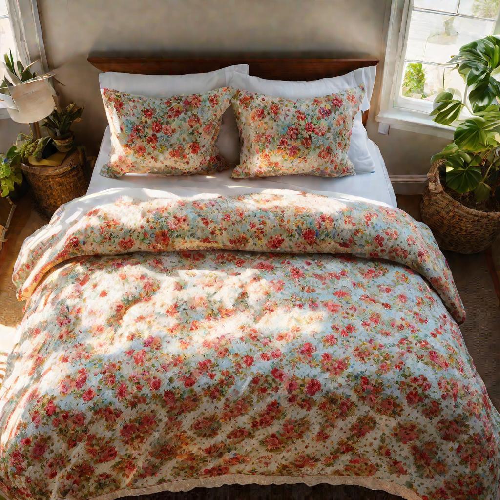 Аккуратно застеленная кровать с цветочным покрывалом в солнечной спальне.