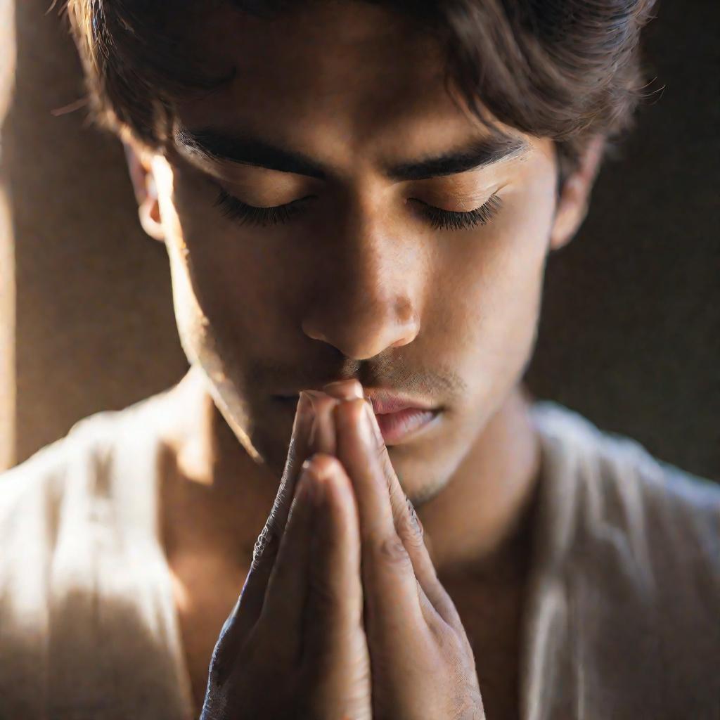 Портрет молодого человека с закрытыми глазами и вознесенными в молитве руками.