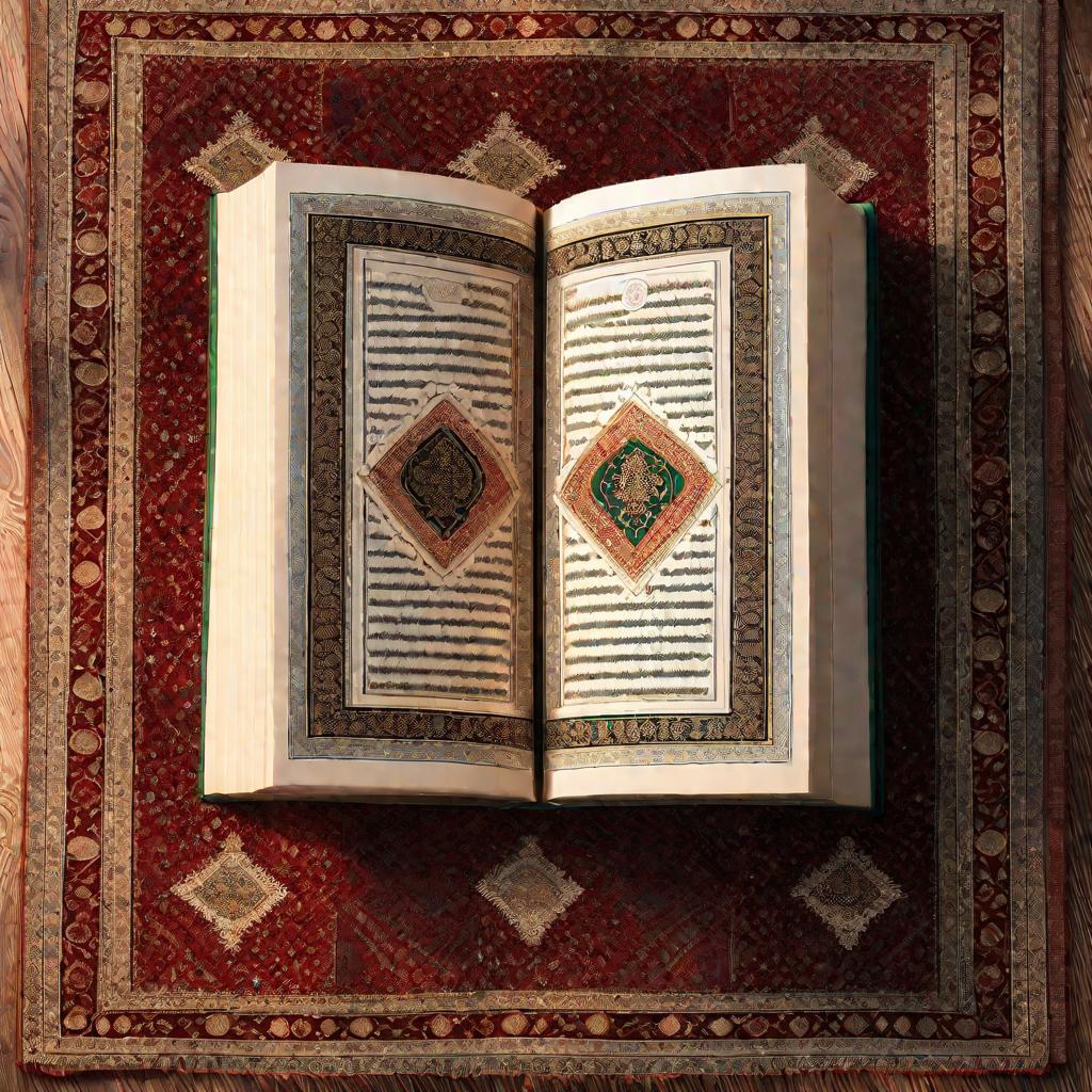 Вид сверху на открытый Коран, лежащий на коврике для молитвы.