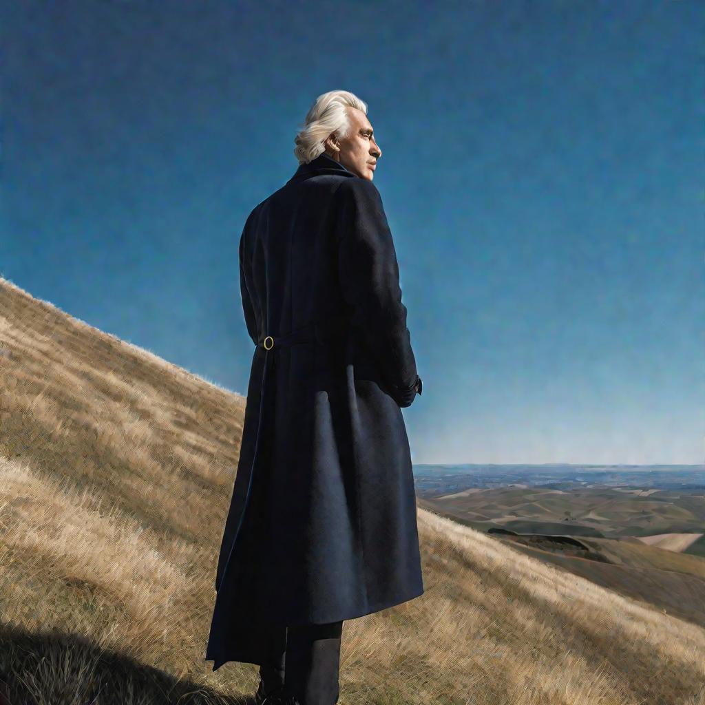 Александр Перлин одиноко стоит на вершине холма, задумчиво глядя вдаль.