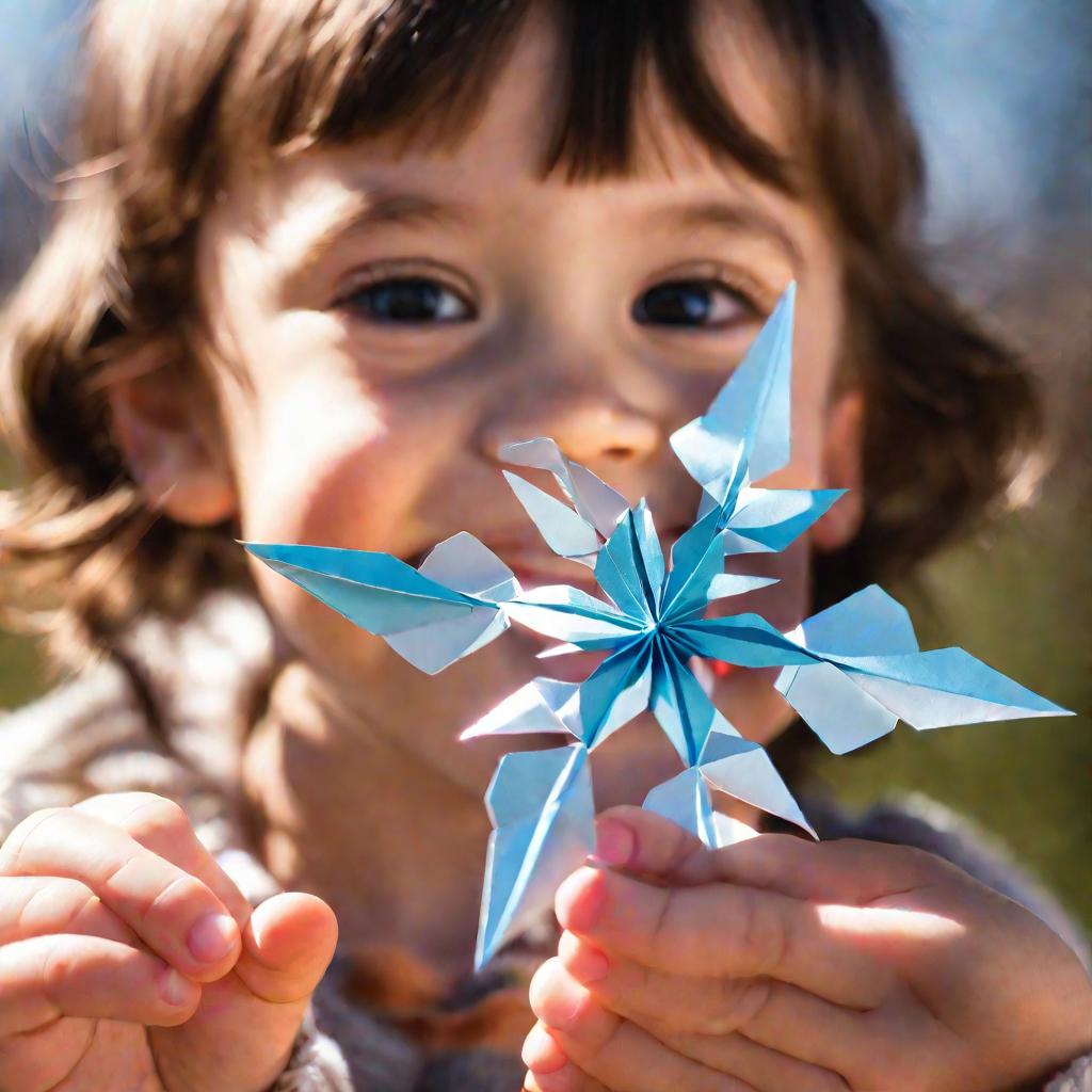 Ребенок с оригами снежинкой в руках