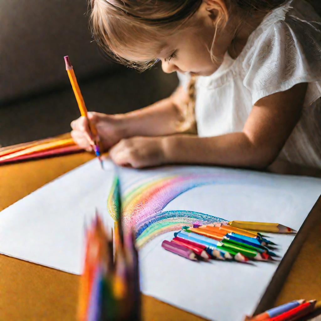 Руки девочки рисуют цветными карандашами под документ-камерой, изображение передается на большой экран.