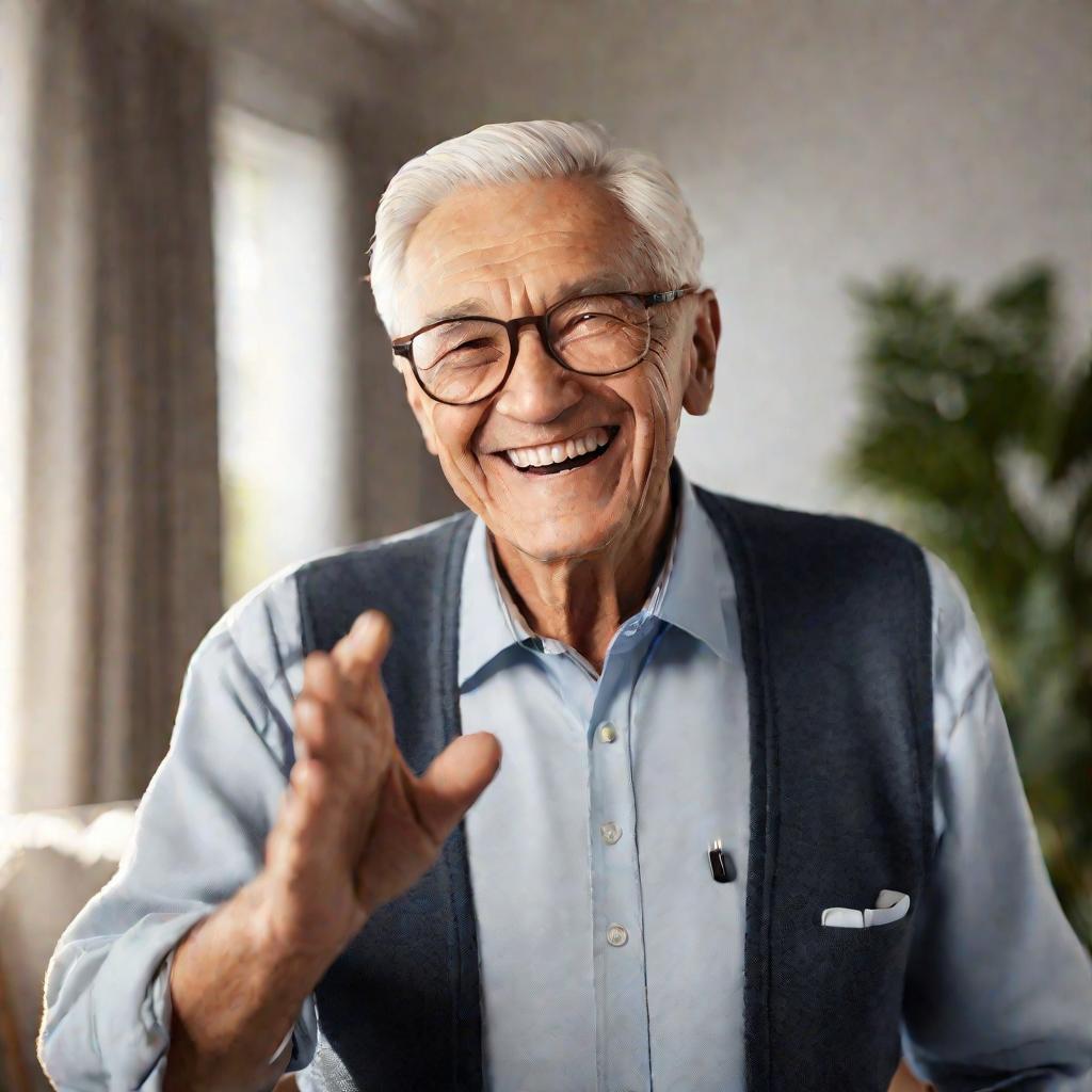 Портрет пожилого мужчины, который разговаривает через современный слуховой аппарат