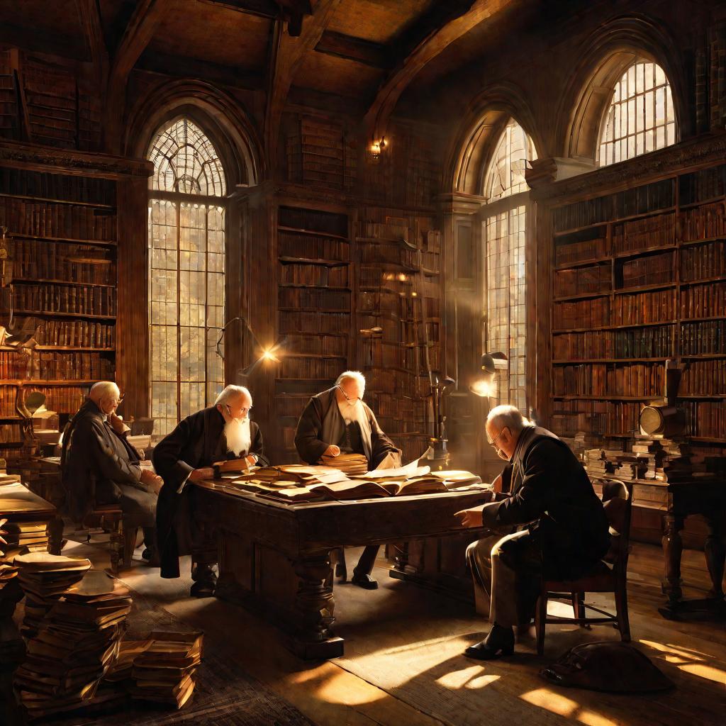 Группа пожилых мужчин изучает монеты в библиотеке