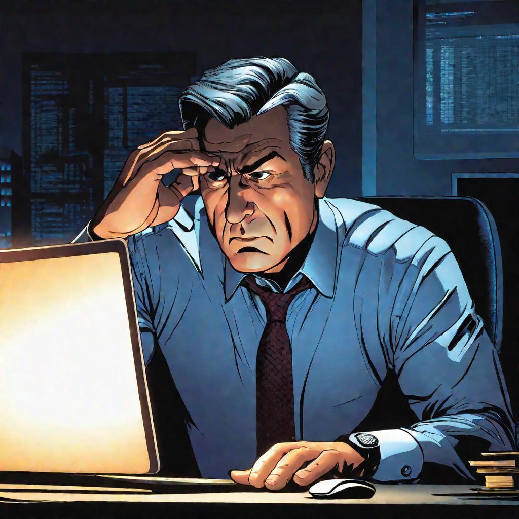 Портрет встревоженного бизнесмена за компьютером ночью