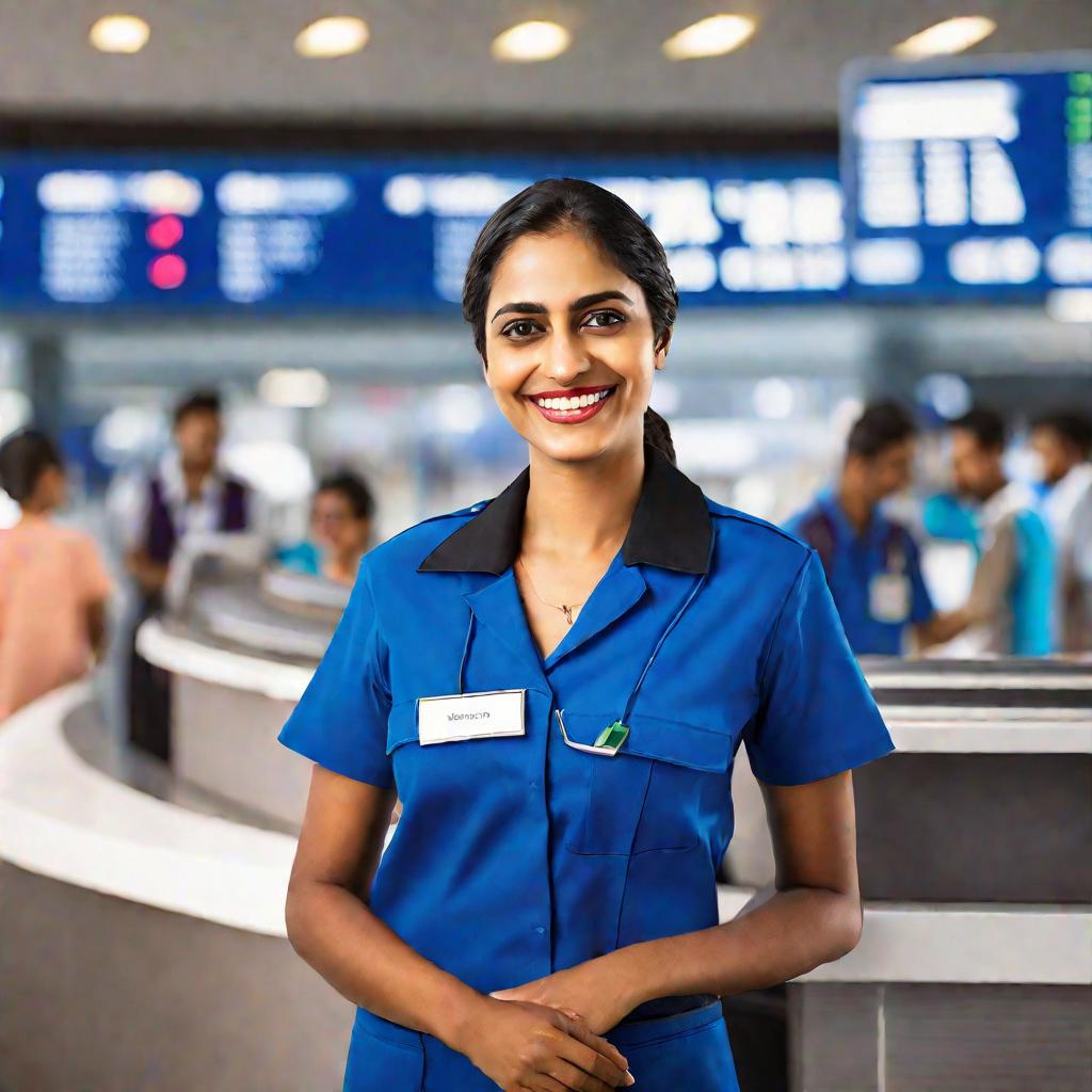 Портрет женщины-сотрудницы аэропорта в синей униформе.