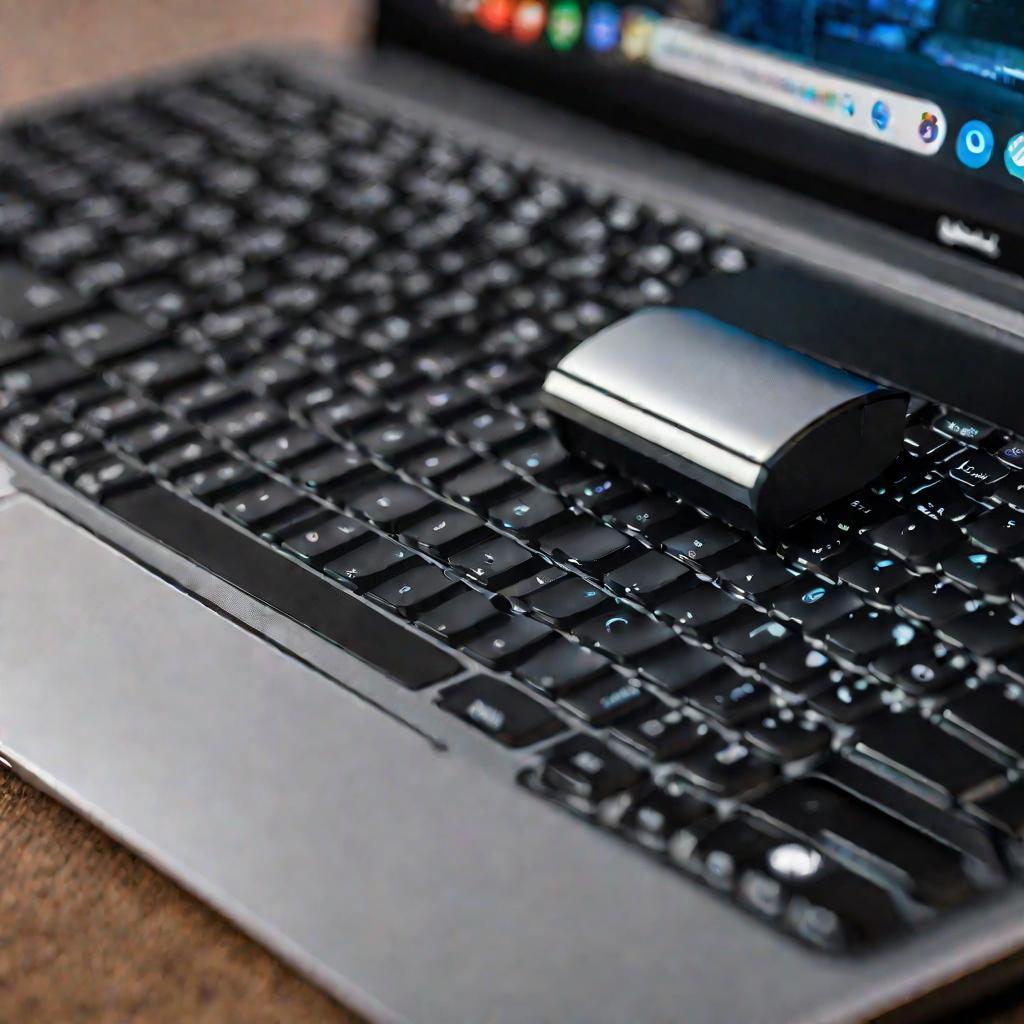 Вид сверху на клавиатуру ноутбука с веб-камерой, объектив которой закрыт физической заслонкой - одной из функций безопасности веб-камер.