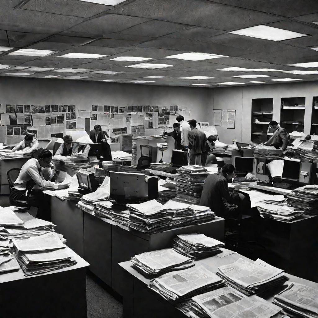 Интерьер редакции газеты, где работают журналисты.