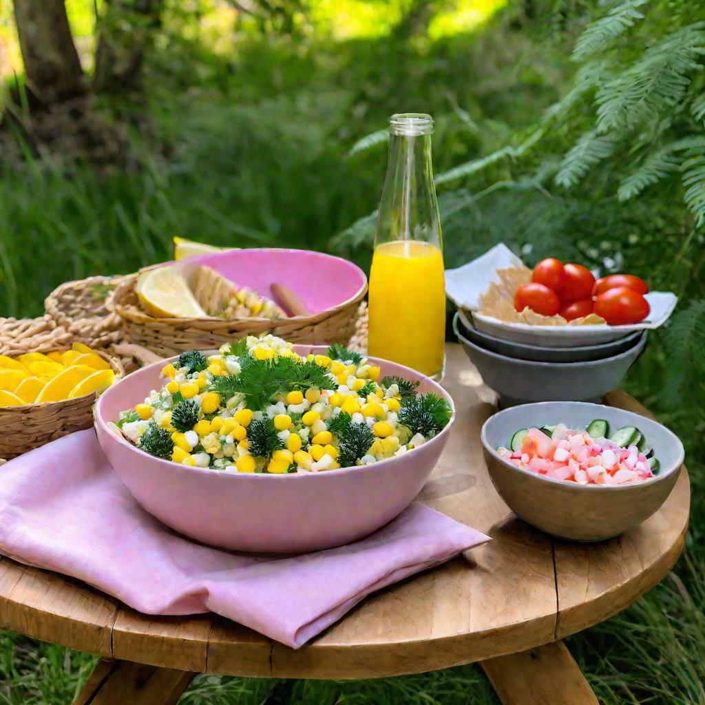 Салат мимоза на пикнике на природе