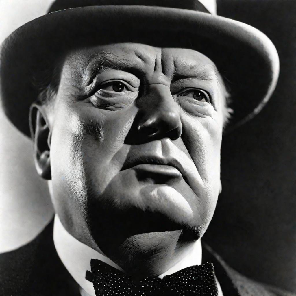 Крупный портрет лица Черчилля с сигарой во рту.