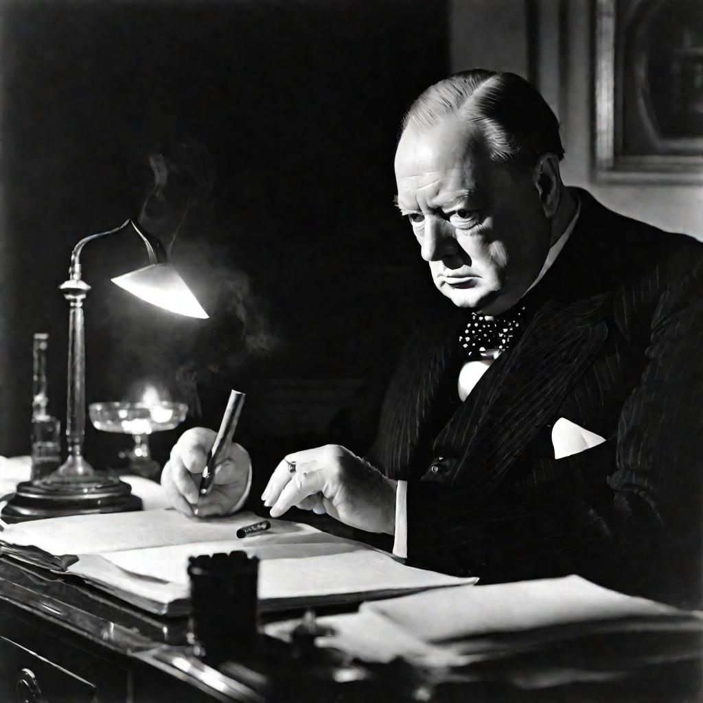 Черчилль ночью за работой в своем кабинете, окутанный сигарным дымом.