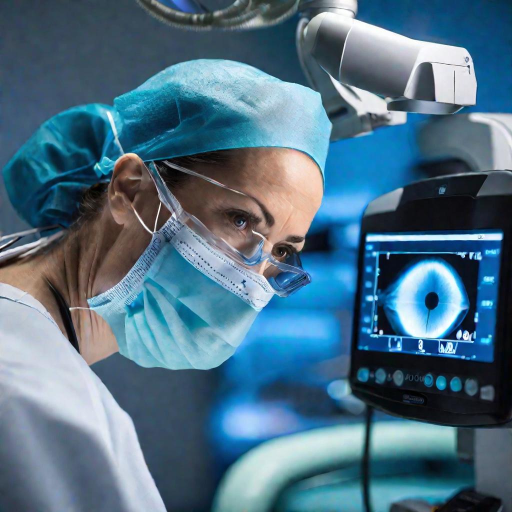 Офтальмолог проводит сложную операцию на глазу с использованием высокоточного лазерного оборудования.