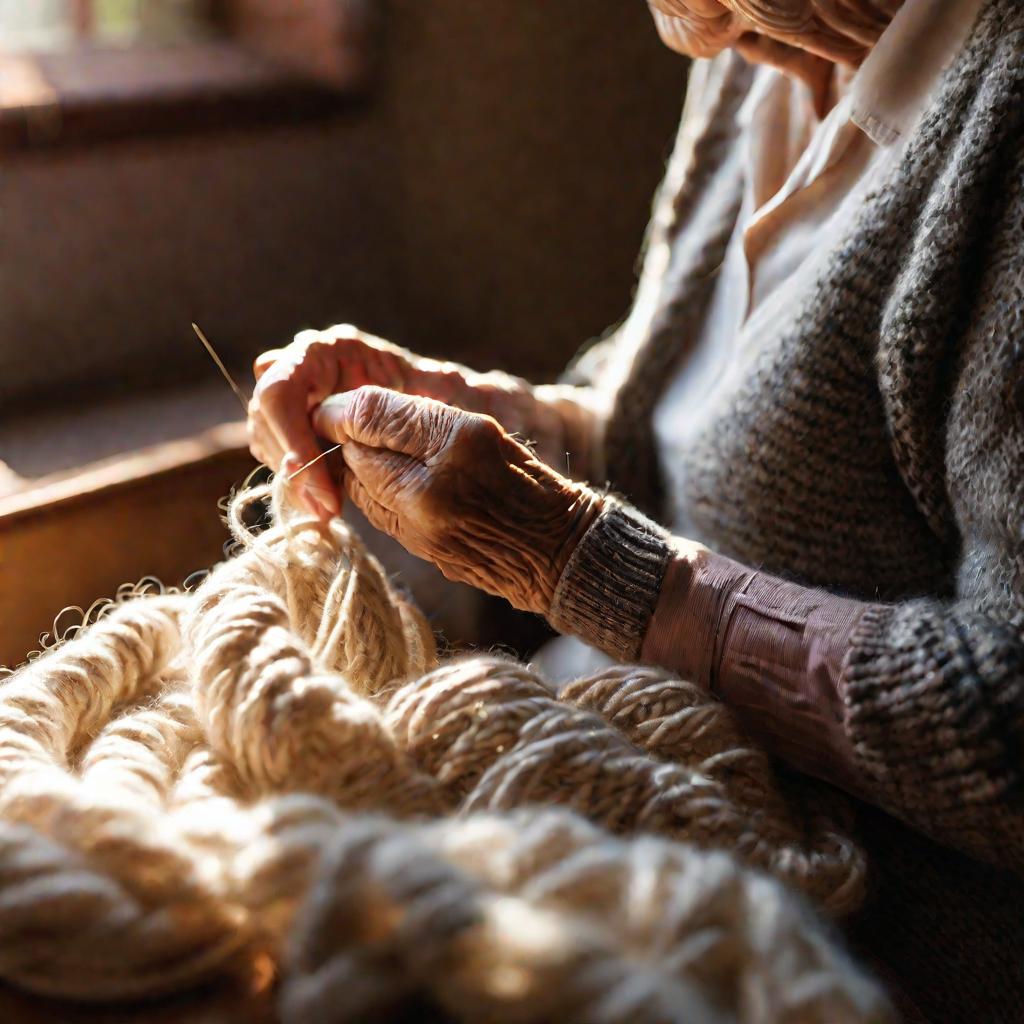 Руки пожилой женщины вяжут полустолбик с накидом