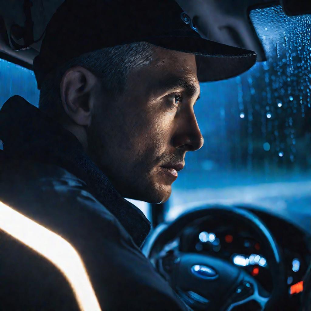 Крупный портрет водителя Форд Транзит, задумчиво смотрящего в окно в дождливый вечер.
