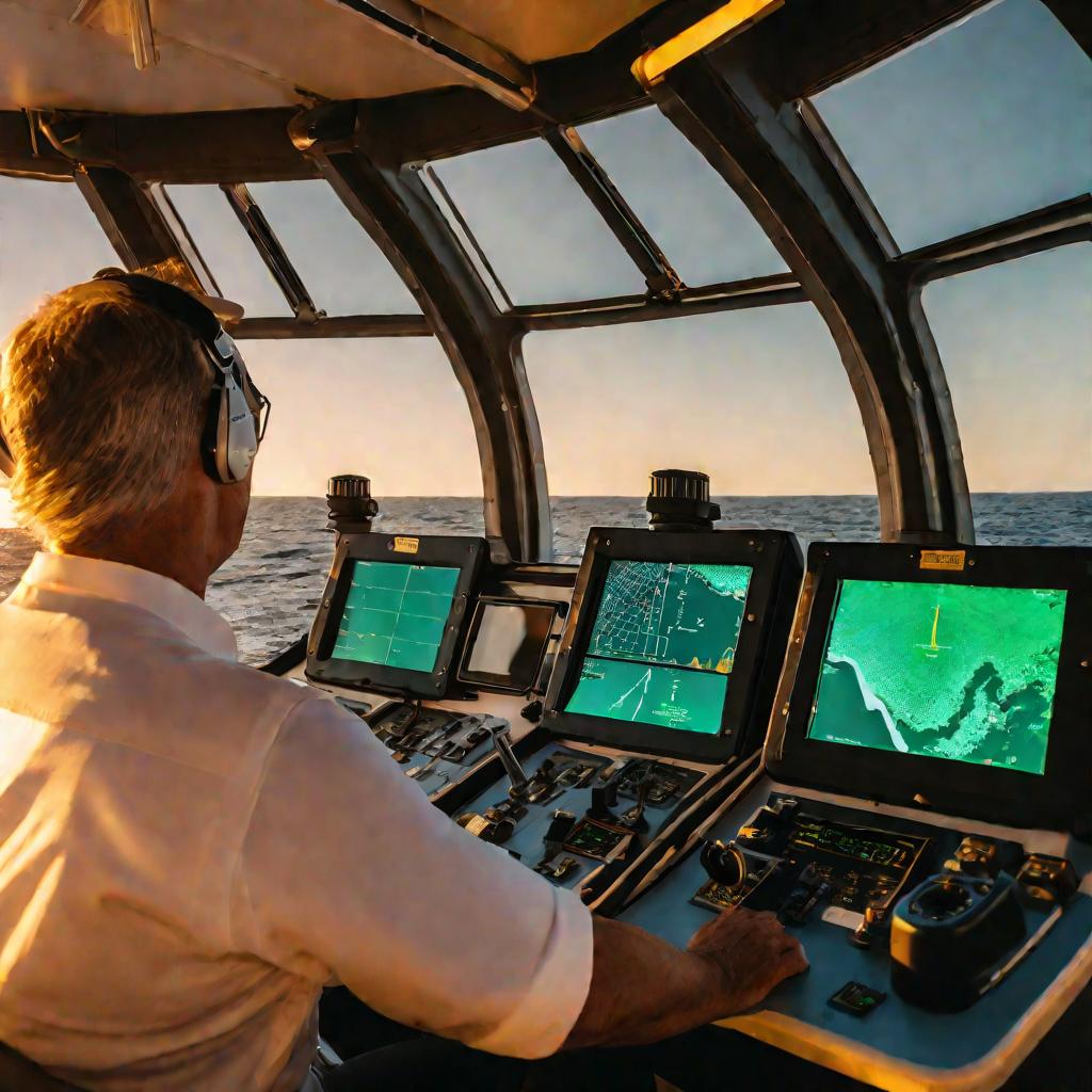 Радар на мостике корабля показывает пеленг цели для навигации