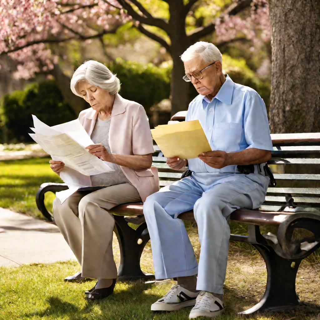 Пожилая пара изучает медицинские счета в парке