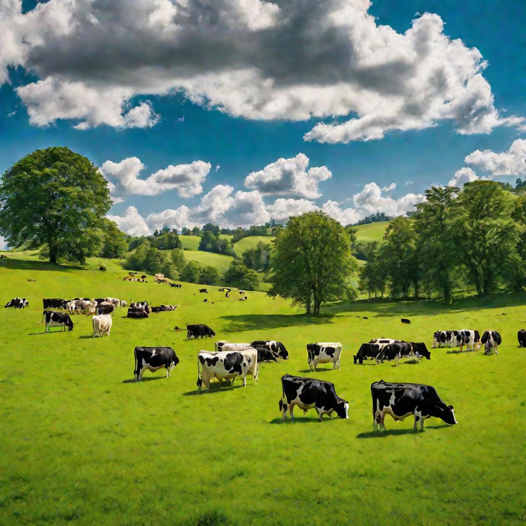 Широкий воздушный вид зеленого пастбища с коровами