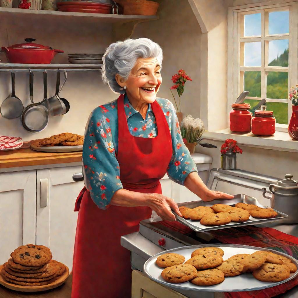 Бабушка печет внукам вкусное печенье