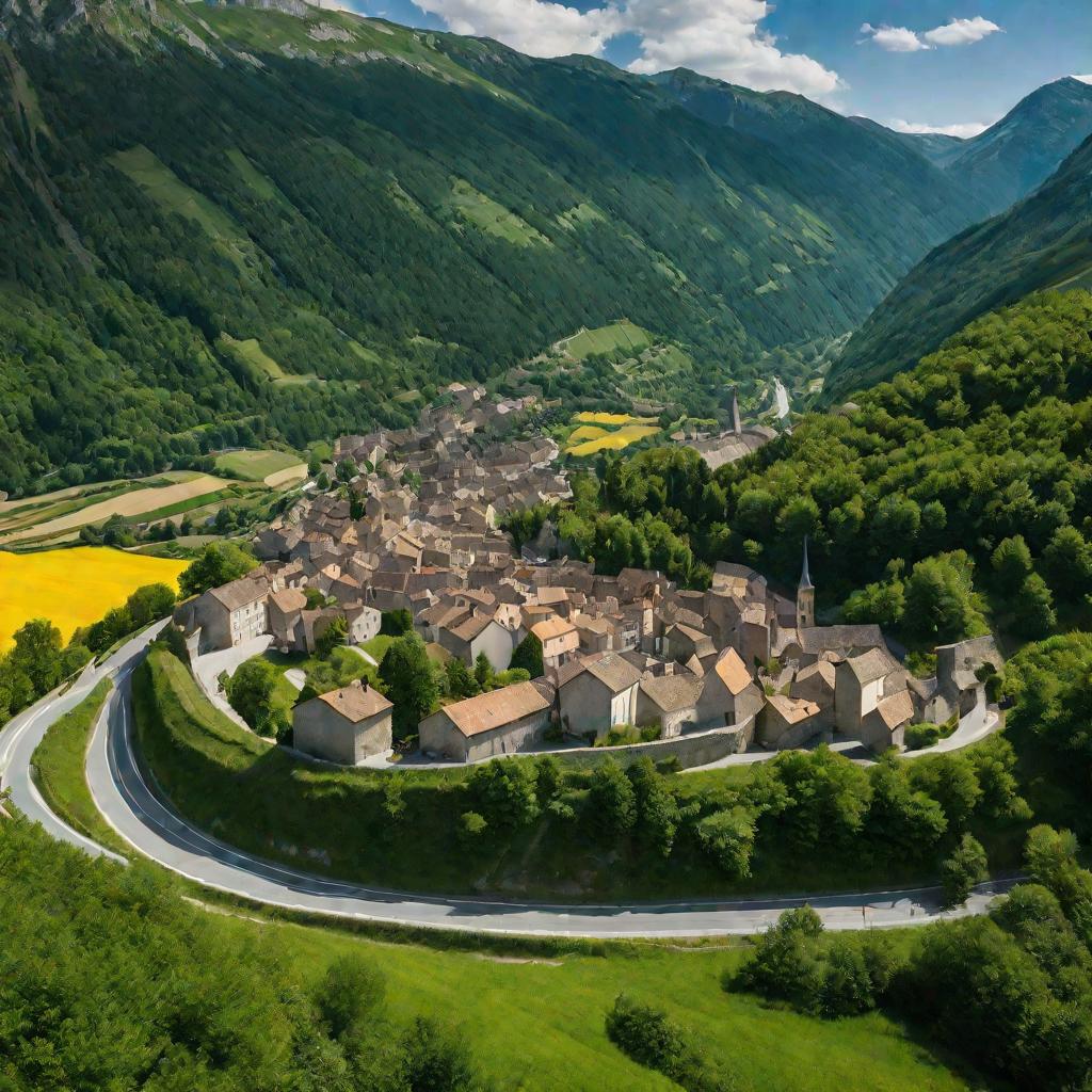 Вид сверху на деревню в горах где проходит Тур де Франс