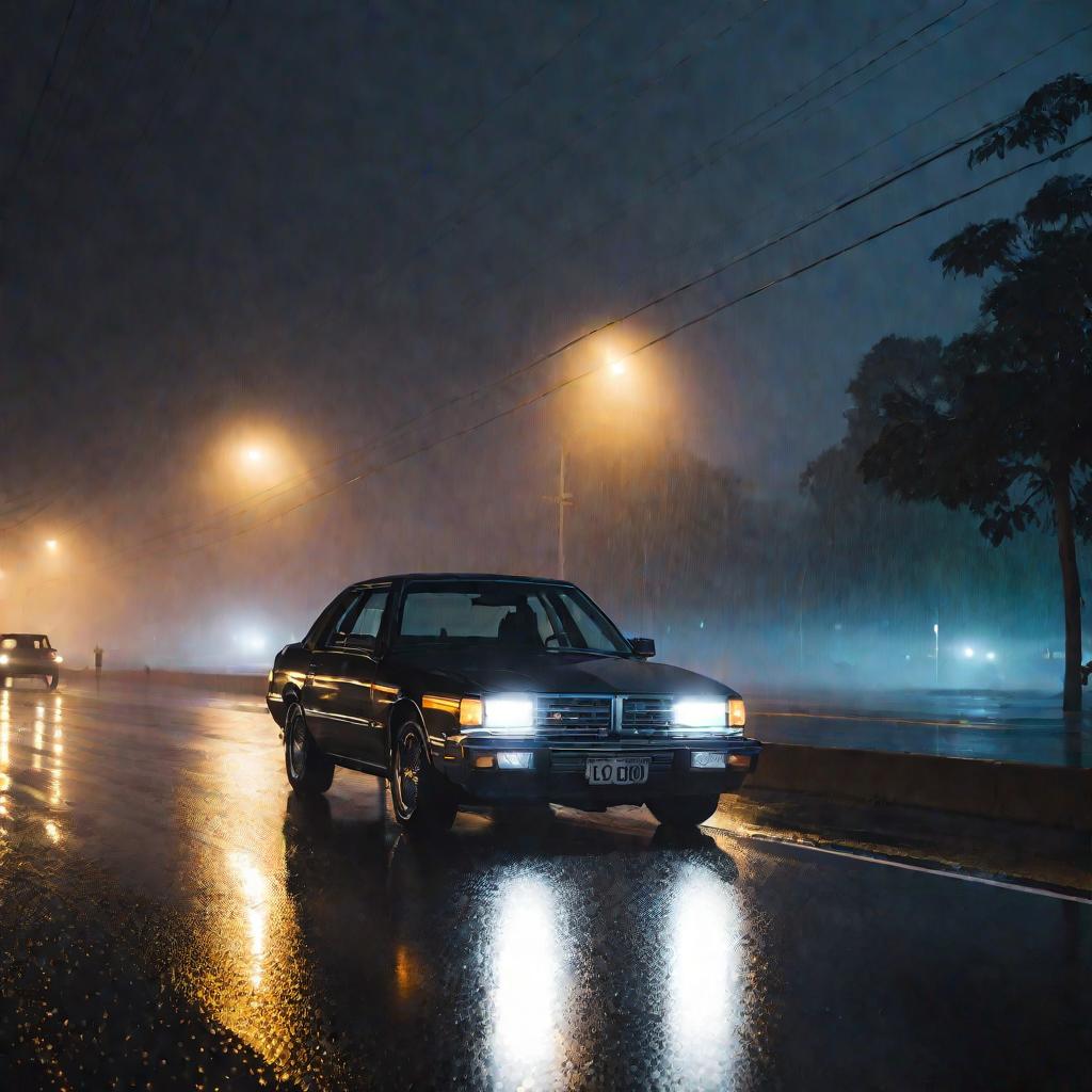 Машина едет ночью по мокрой трассе