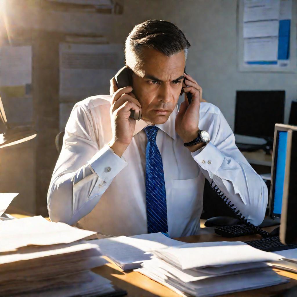 Портрет озабоченного мужчины, звонящего по телефону в офисе.