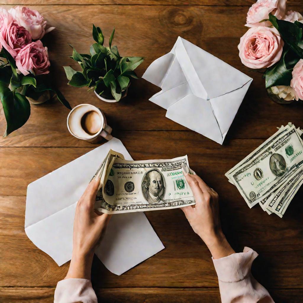 Женские руки открывают конверт с деньгами, лежащий на столе.