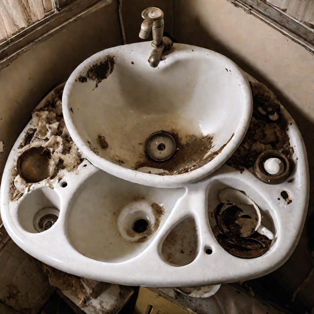 Раковина, забитая грязной посудой в старой квартире