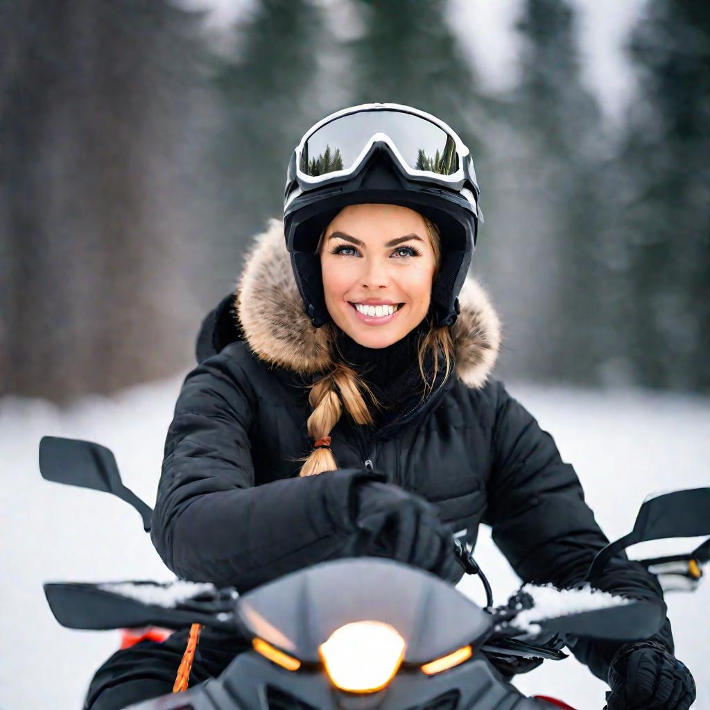 Портрет женщины-водителя на снегоходе