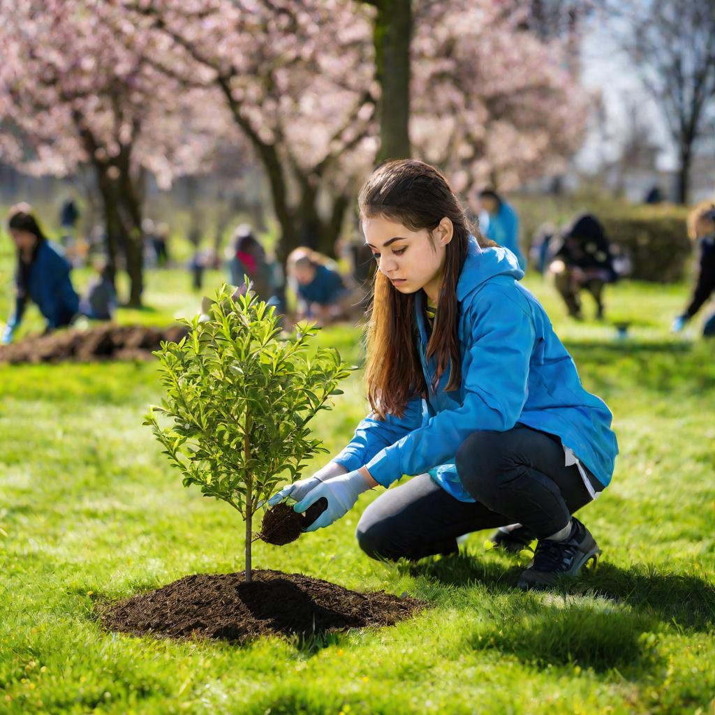 Молодой волонтер сажает небольшое деревья в травянистом парке в солнечное весеннее утро, сосредоточенно выполняя свою задачу. Другие волонтеры работают на заднем плане. Настроение мирное и целеустремленное.