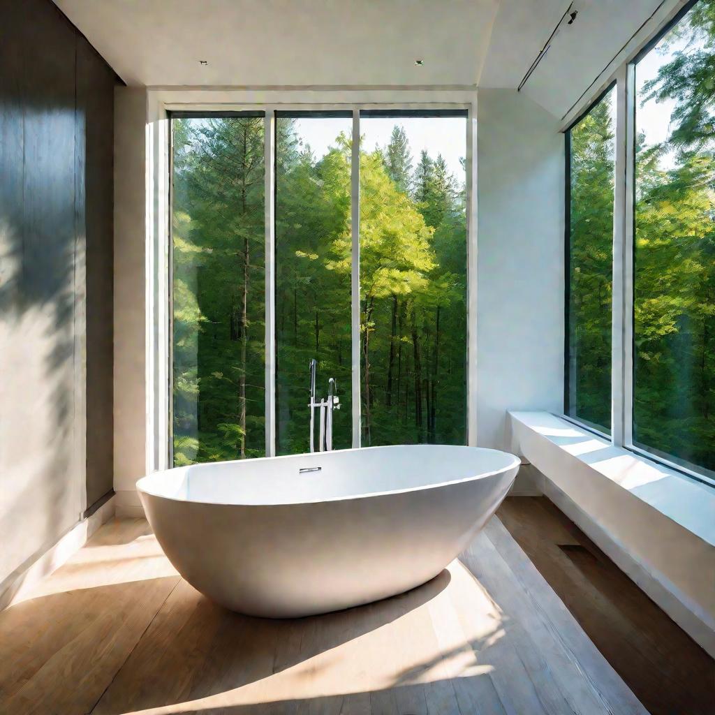 Вид сверху на минималистическую белую ванную комнату с прямоугольной чугунной ванной, поставленной в углу у большого окна с видом на лес, наполненный зелеными деревьями, под летним синим небом и ярким солнцем. Ванна и стены освещены ярким естественным све