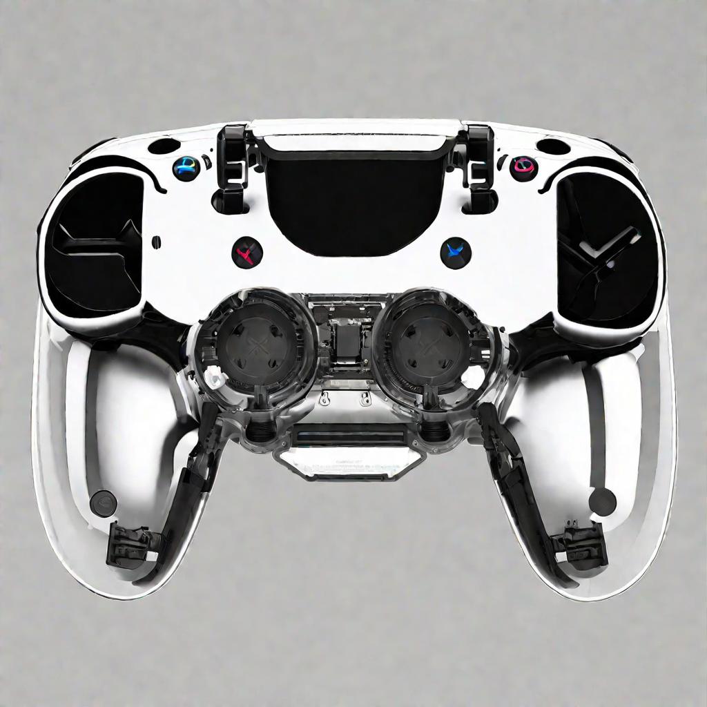 Вид сзади на джойстик DualShock 4 со снятой крышкой, демонстрирующий внутренние компоненты. Теплое студийное освещение выделяет ключевые детали.