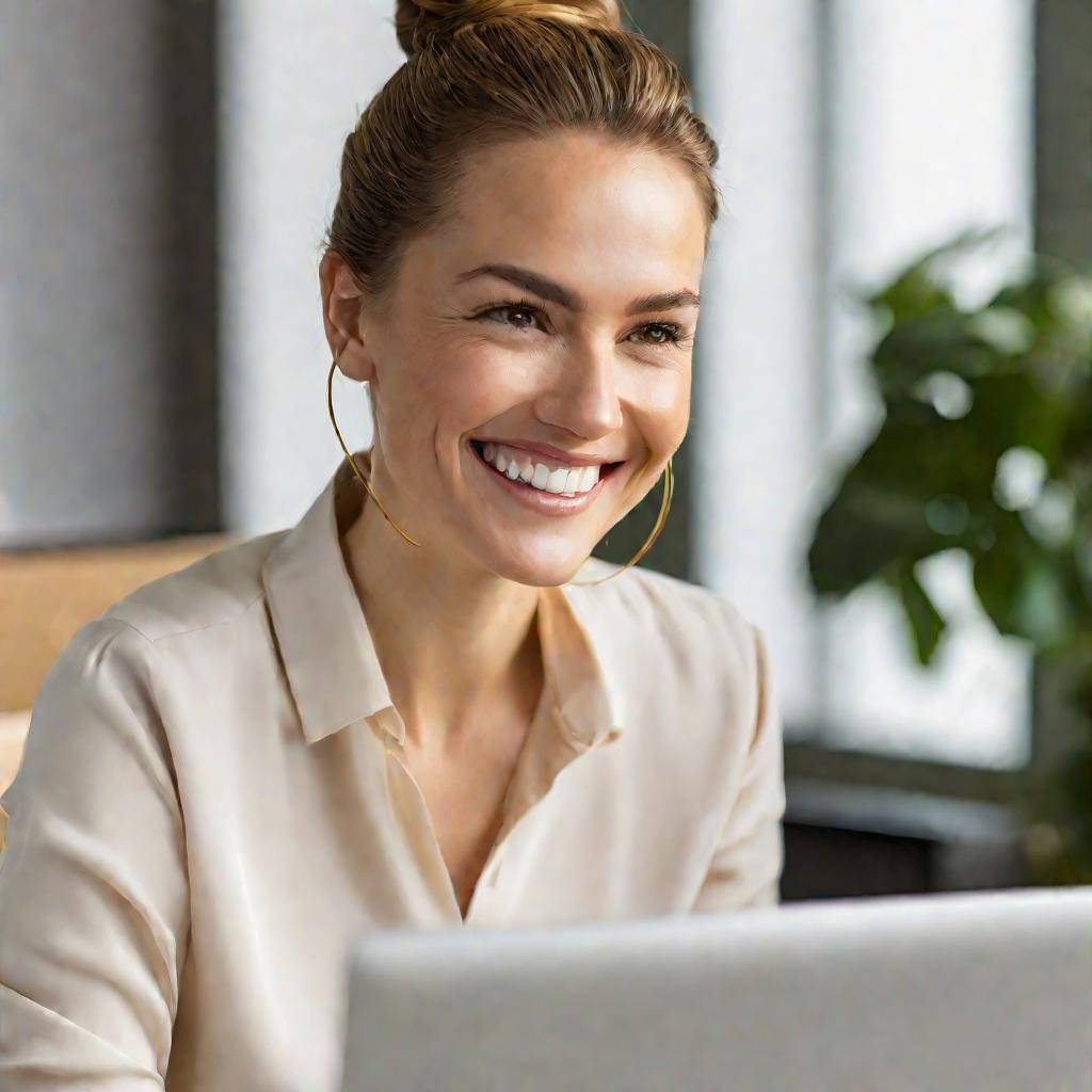 Крупный портрет улыбающейся женщины, которая выглядит довольной подписью электронной почты, которую она только что создала в Microsoft Outlook на своем офисном ноутбуке. За ней окно, и мягкое естественное освещение освещает ее лицо. У нее светло-коричневы