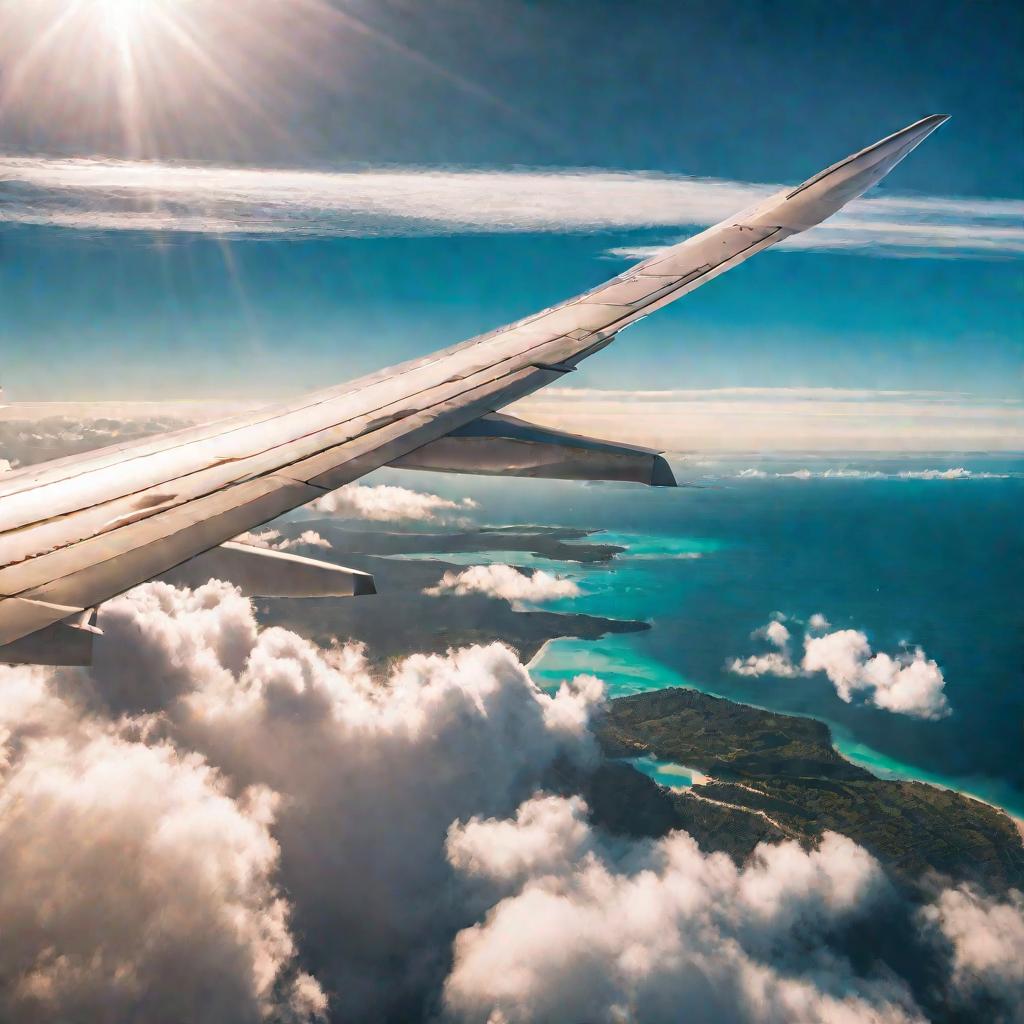 Самолет летит над облаками к тропическому острову