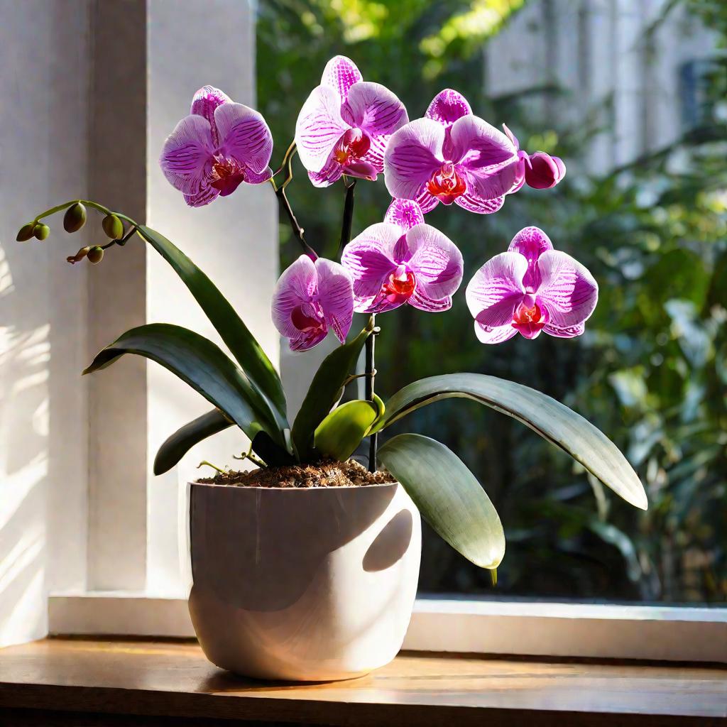 Цветущая орхидея фаленопсис в горшке на подоконнике в солнечный день.
