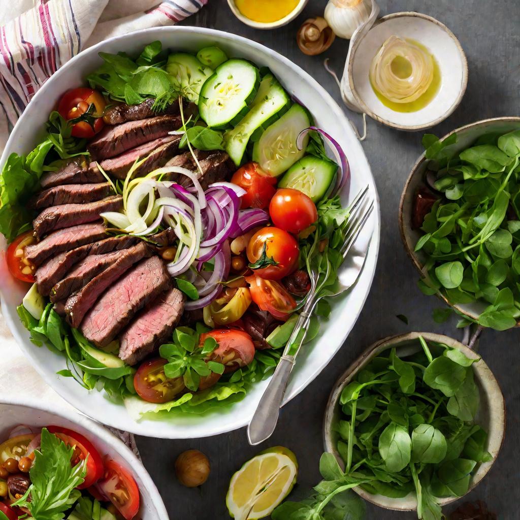 Красочный радостный салат в миске с жареными полосками маринованной говядины, помидорами, огурцами, луком, салатом и травами