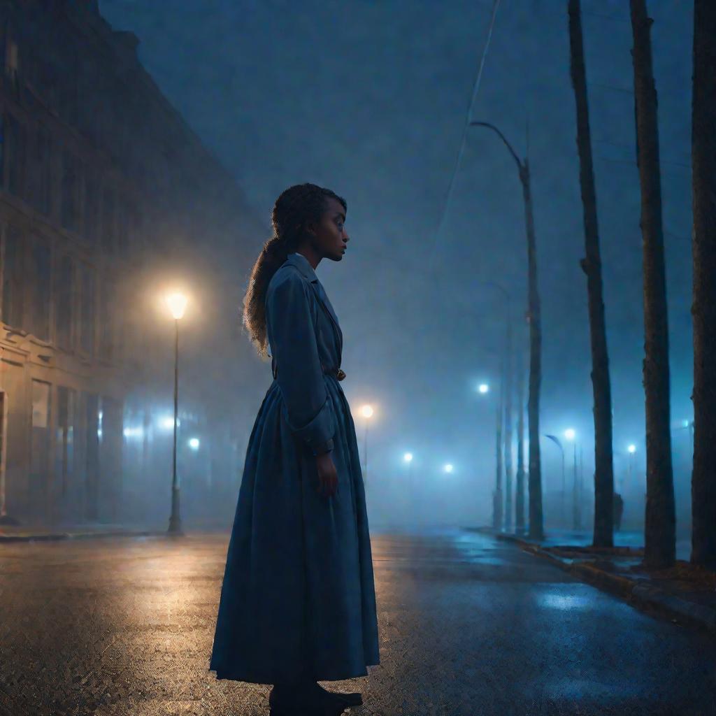 Поэтесса стоит на туманной улице в сумерках