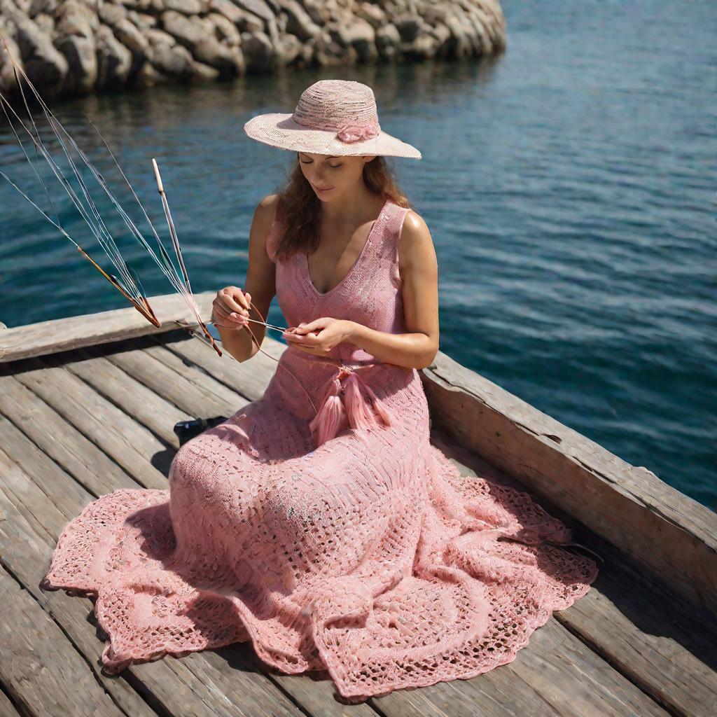 Женщина вяжет кружевное изделие, сидя на морском пирсе.