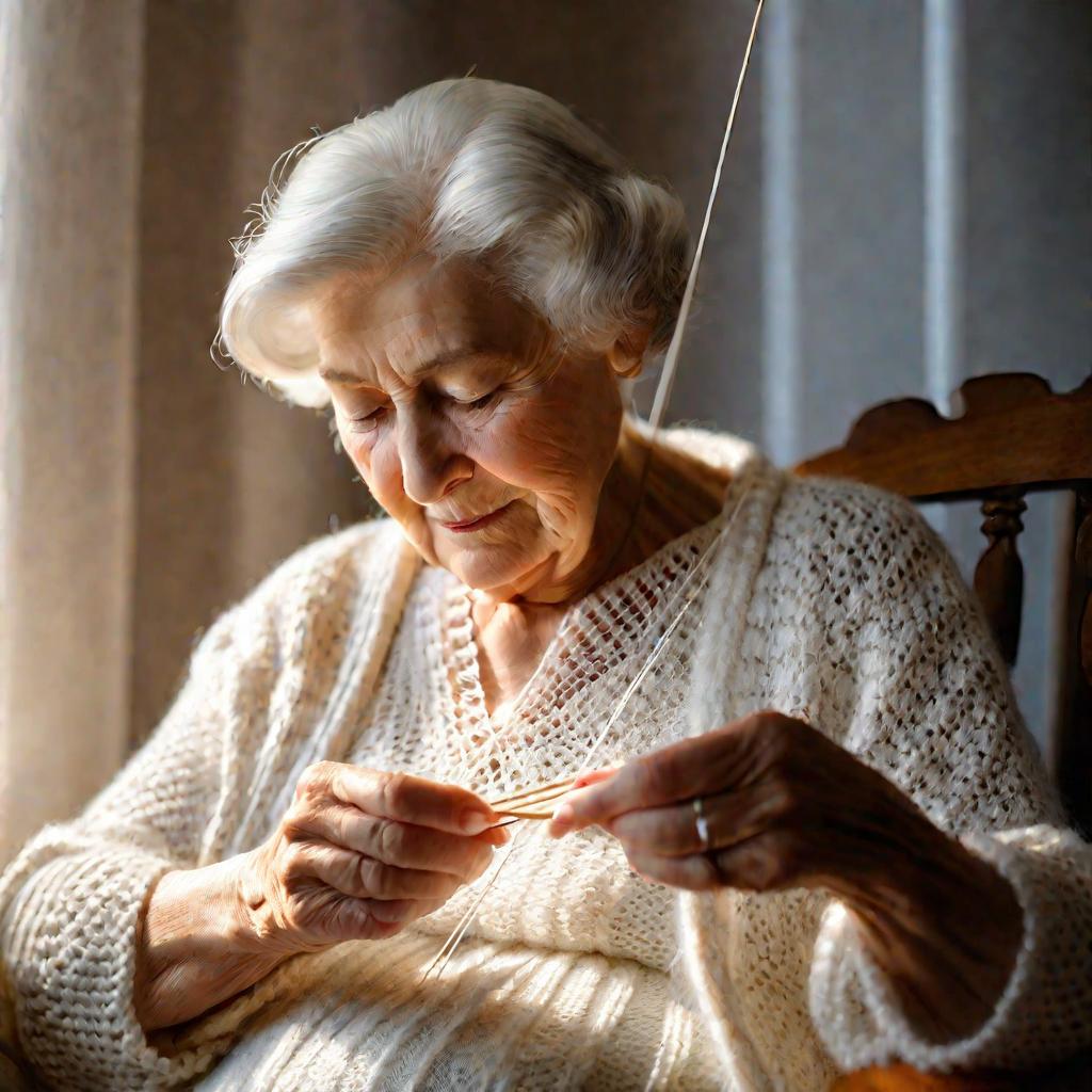 Пожилая женщина вяжет ажурный узор тонкой белой пряжей.