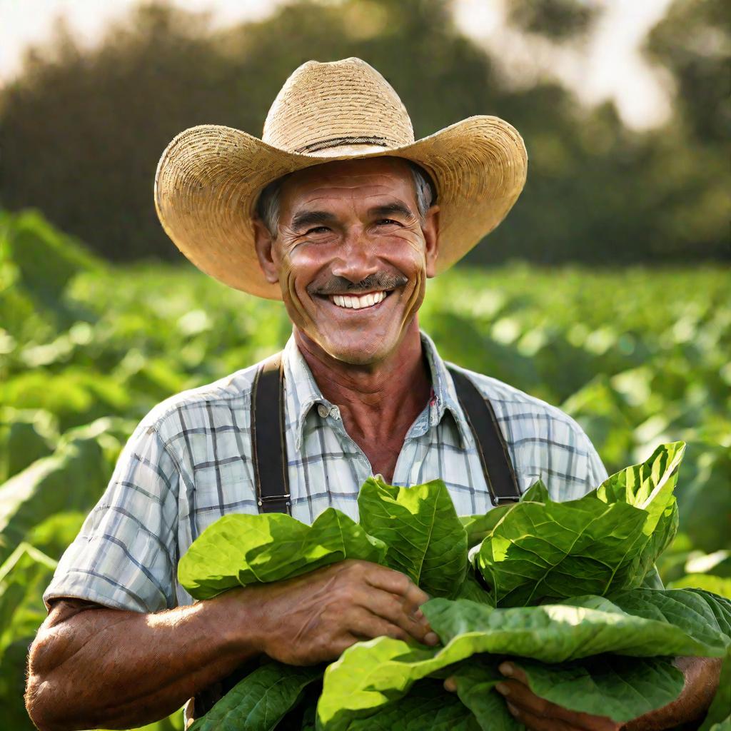Крупный портрет улыбающегося фермера, держащего только что собранные табачные листья под теплым полуденным солнцем. Его смуглое, загорелое лицо выражает гордость, пока он сжимает большие зеленые листья. Их текстурная поверхность и заметные жилки резко выд