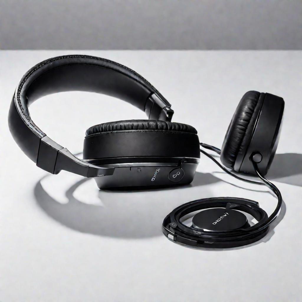 Черные наушники Sony MDR EX450 висят на белой стене с мягким сверху освещением, демонстрируя складную конструкцию.